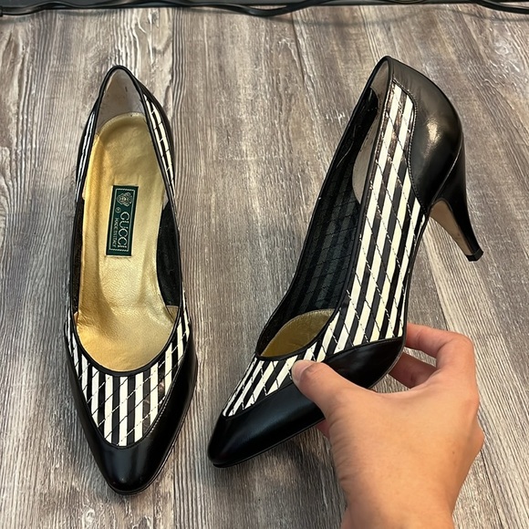Vintage Gucci Classic Striped Woven Leather Pumps Size 36.5 - Picture 1 of 11